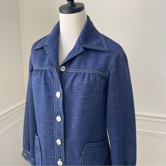 Vintage 70s Leisure Suit Button Jacket Dagger Pointed Collar Blue White S - Picture 2 of 9